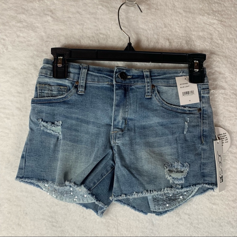 NWT Joe's Jeans medium wash Raw Hem denim distressed jean shorts‎ girls size 16.